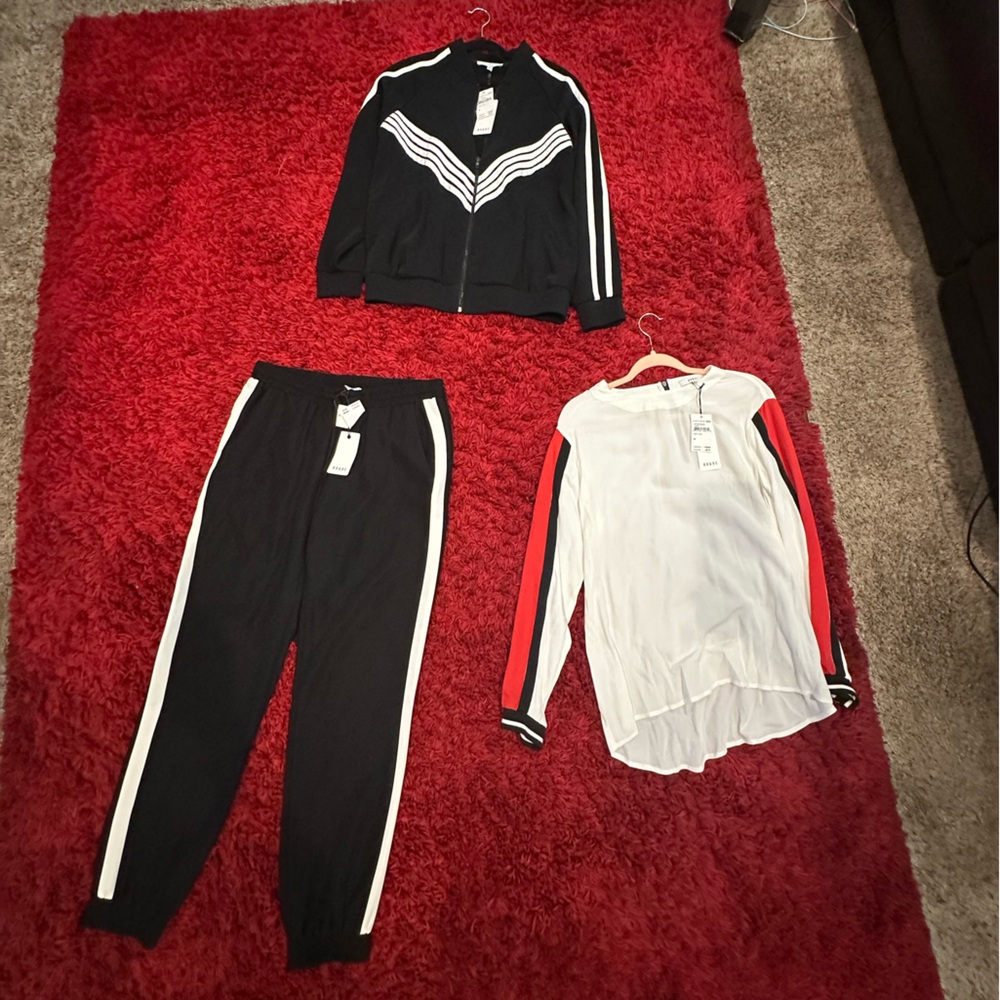 3 Piece Ro & De Black and White Track Jacket, Pants & White Top with Red Stripes